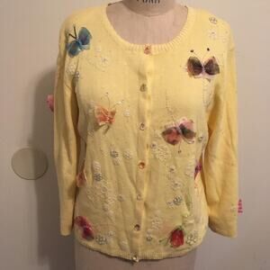 Berek Yellow Butterfly Ribbon & Bead Embellished Cardigan Sweater XL